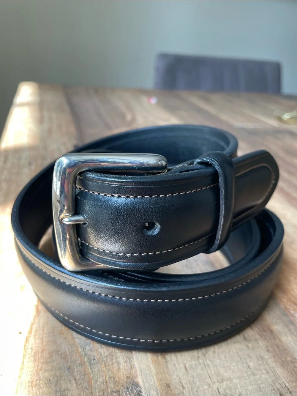 Polo Ralph Lauren Belt Black Italian Leather Solid Brass Buckle Stitch Mens 40